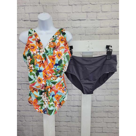 14 BRIGHT TROPICAL A474692 Denim & Co. Beach V-Neck Tankini with Brief - Picture 1 of 3